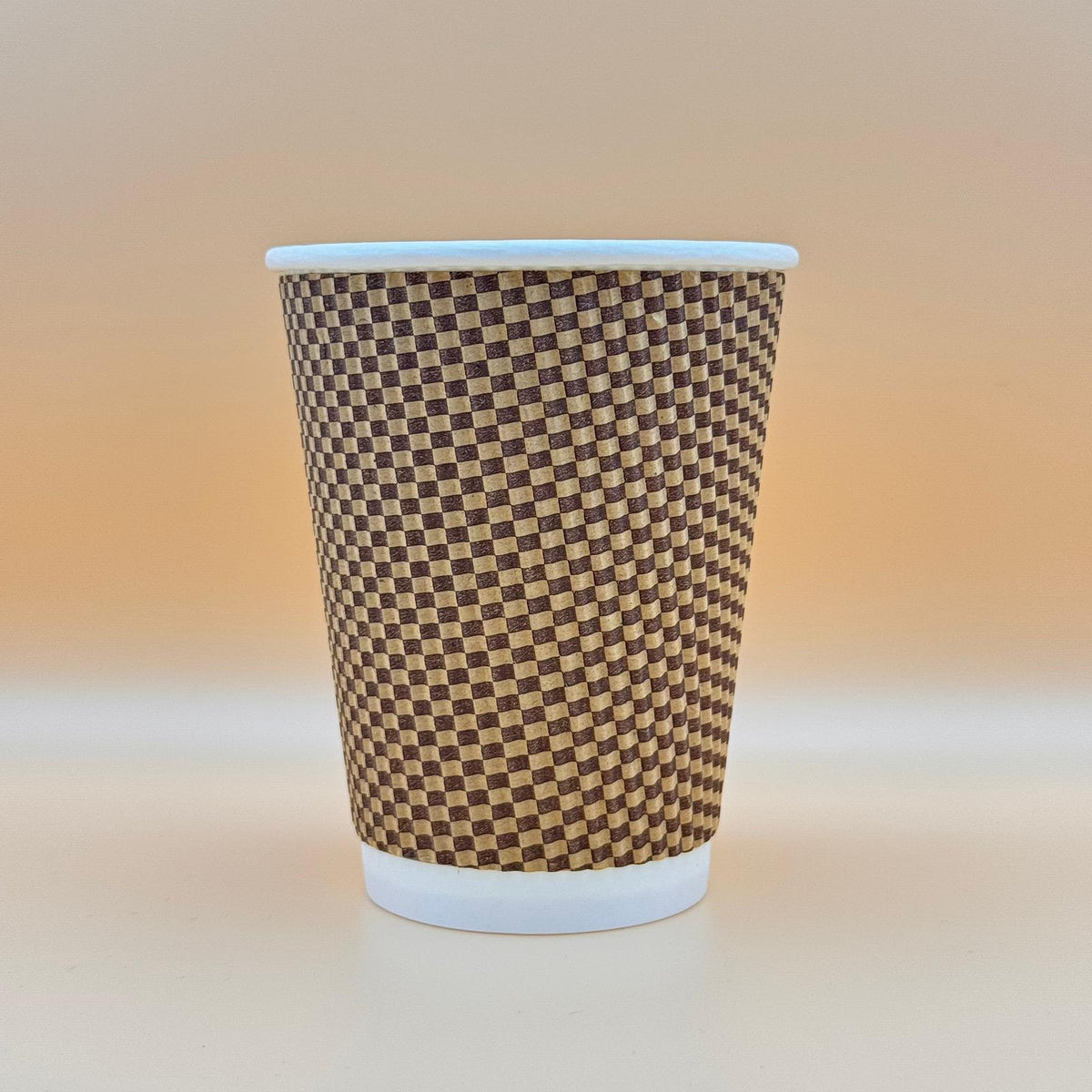 12oz brown Chex ripple paper cups by Silverstar Packaging, showing sturdy design and textured surface for hot or cold beverages.